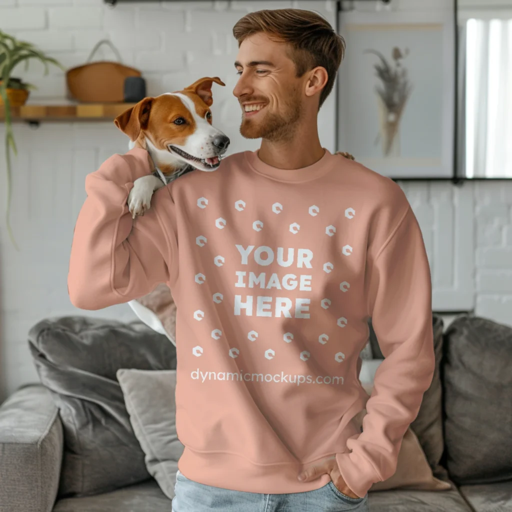 Man Wearing Peach Sweatshirt Mockup Front View Template