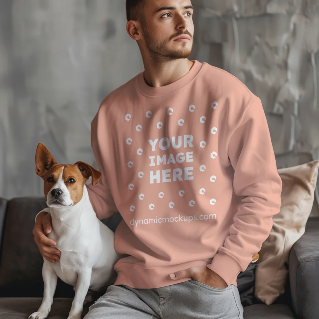 Man Wearing Peach Sweatshirt Mockup Front View Template