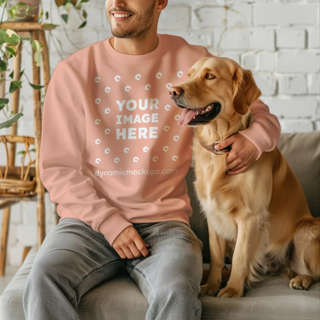 Man Wearing Peach Sweatshirt Mockup Front View Template