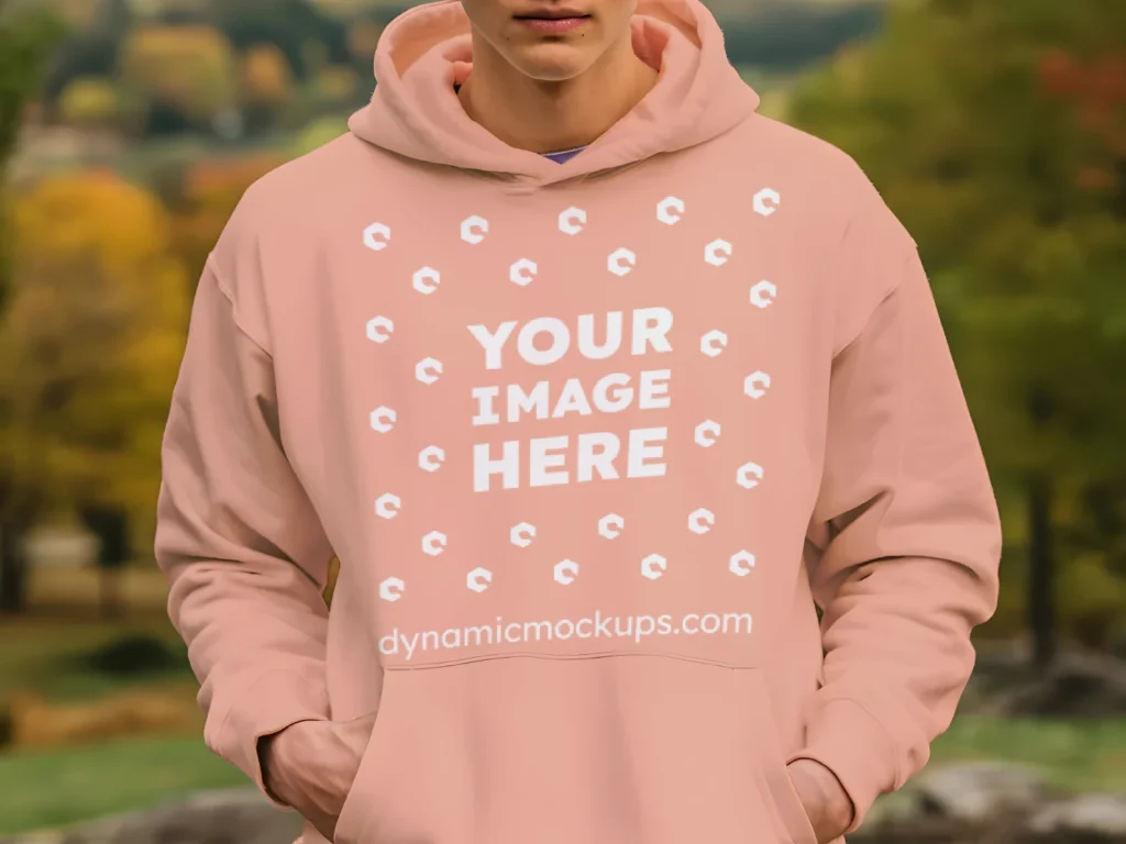 Man Wearing Peach Hoodie Mockup Front View Template