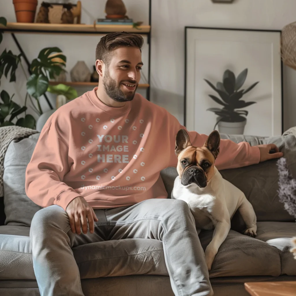 Man Wearing Peach Sweatshirt Mockup Front View Template