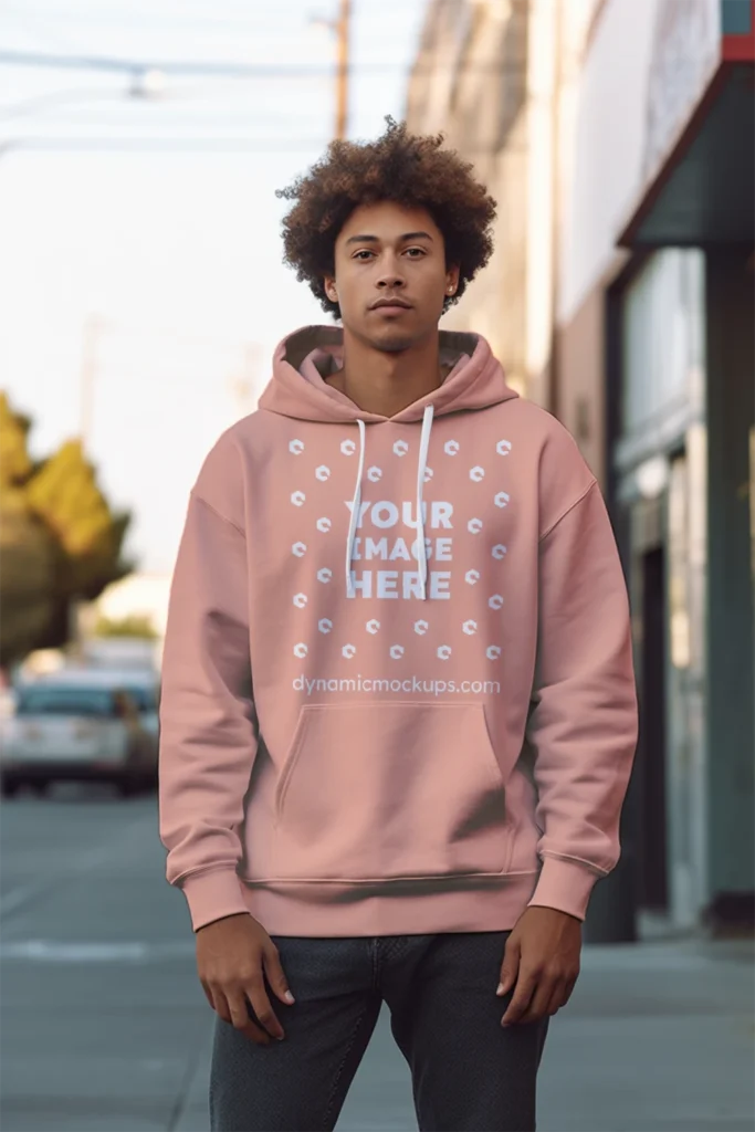 Man Wearing Peach Hoodie Mockup Front View Template