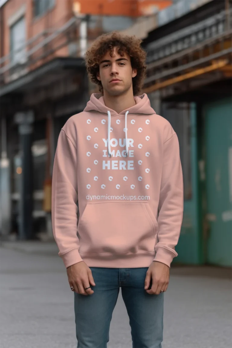 Man Wearing Peach Hoodie Mockup Front View Template