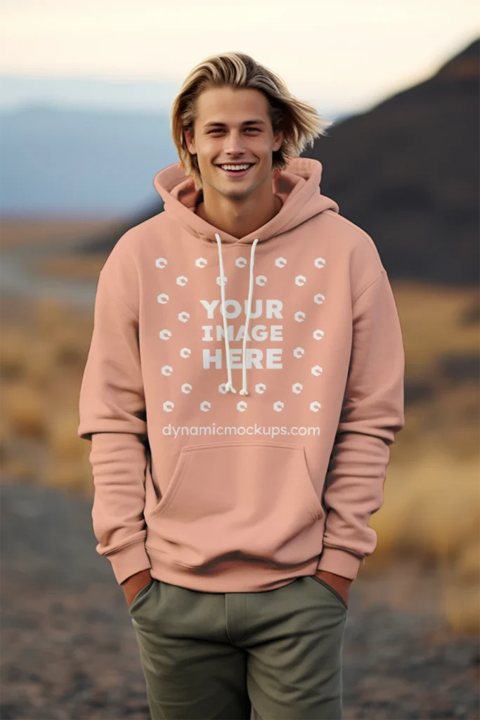 Man Wearing Peach Hoodie Mockup Front View Template