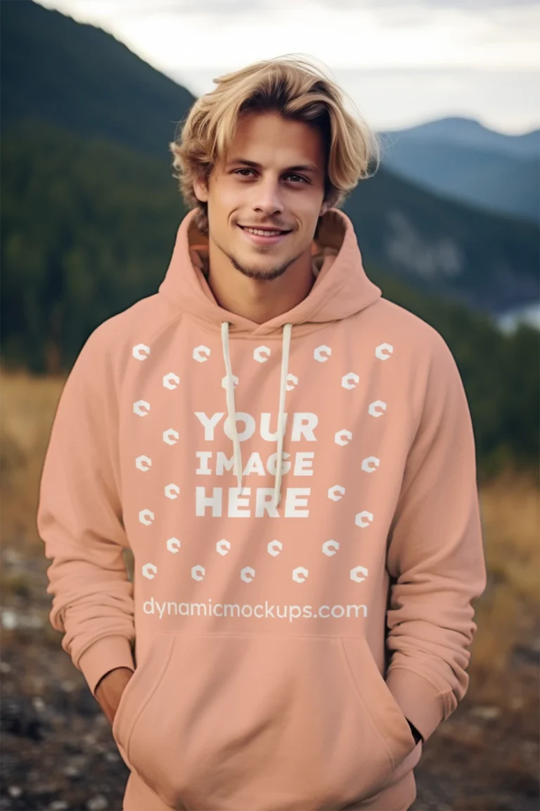 Man Wearing Peach Hoodie Mockup Front View Template