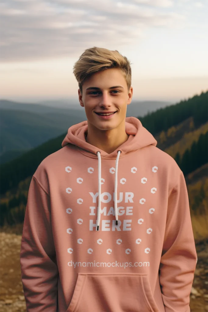 Man Wearing Peach Hoodie Mockup Front View Template