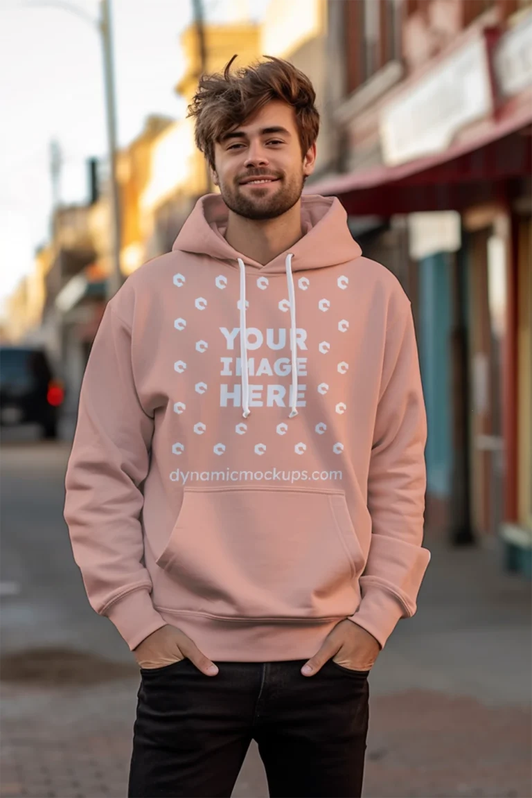 Man Wearing Peach Hoodie Mockup Front View Template