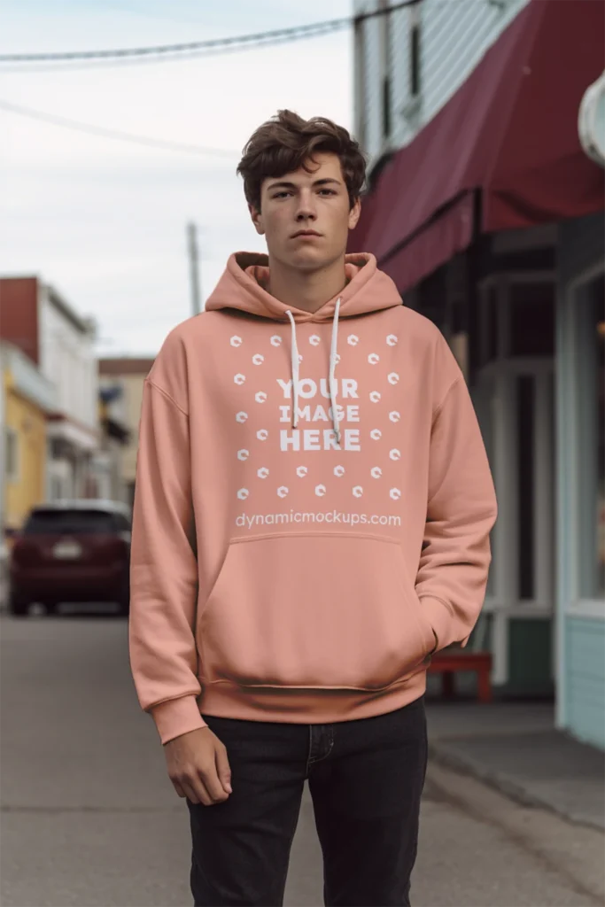 Man Wearing Peach Hoodie Mockup Front View Template