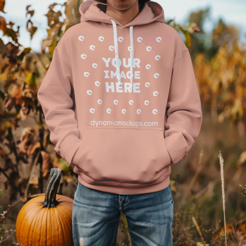 Man Wearing Peach Hoodie Mockup Front View Template