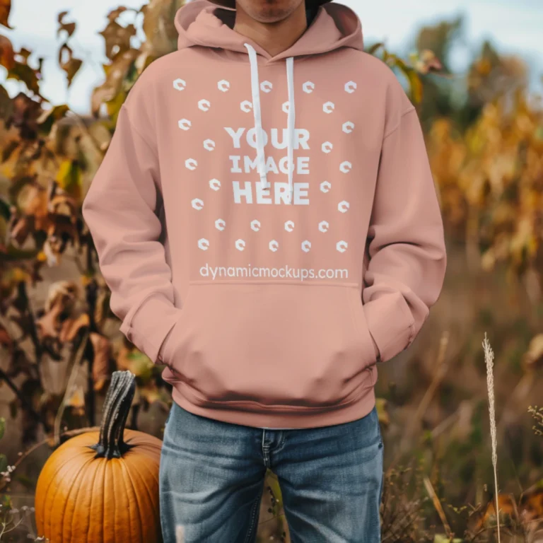 Man Wearing Peach Hoodie Mockup Front View Template