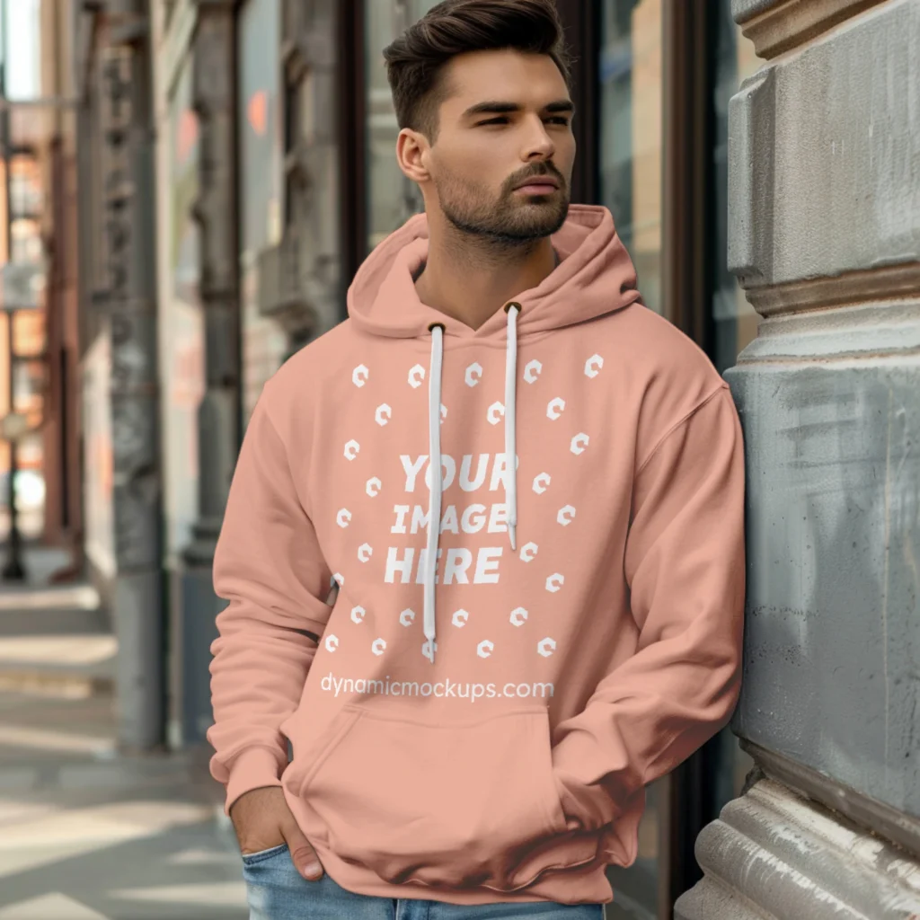 Man Wearing Peach Hoodie Mockup Front View Template