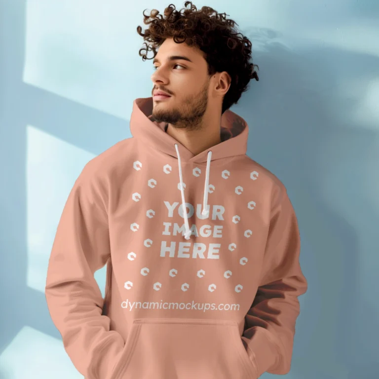 Man Wearing Peach Hoodie Mockup Front View Template