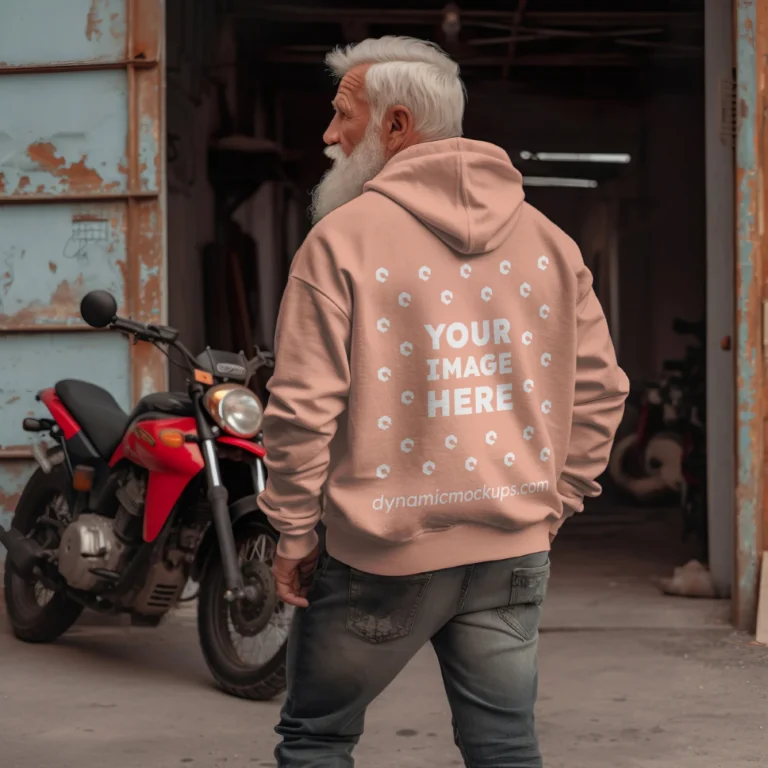 Man Wearing Peach Hoodie Mockup Back View Template