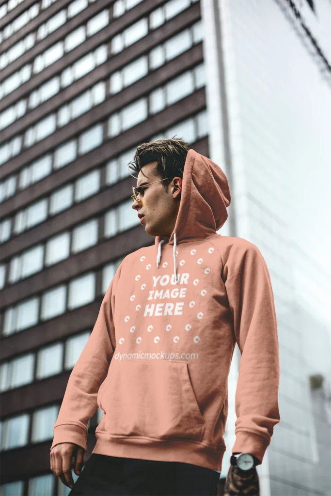 Man Wearing Peach Hoodie Mockup Front View Template