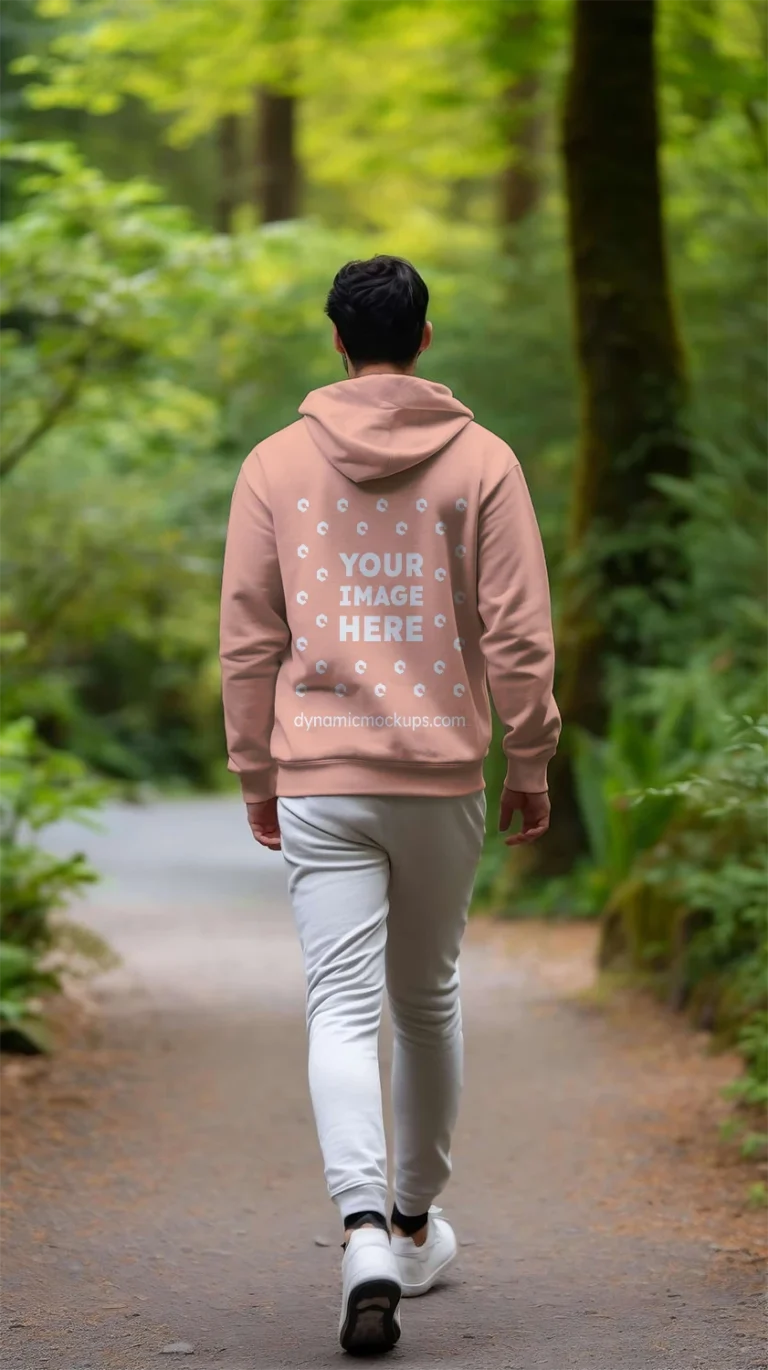 Man Wearing Peach Hoodie Mockup Back View Template