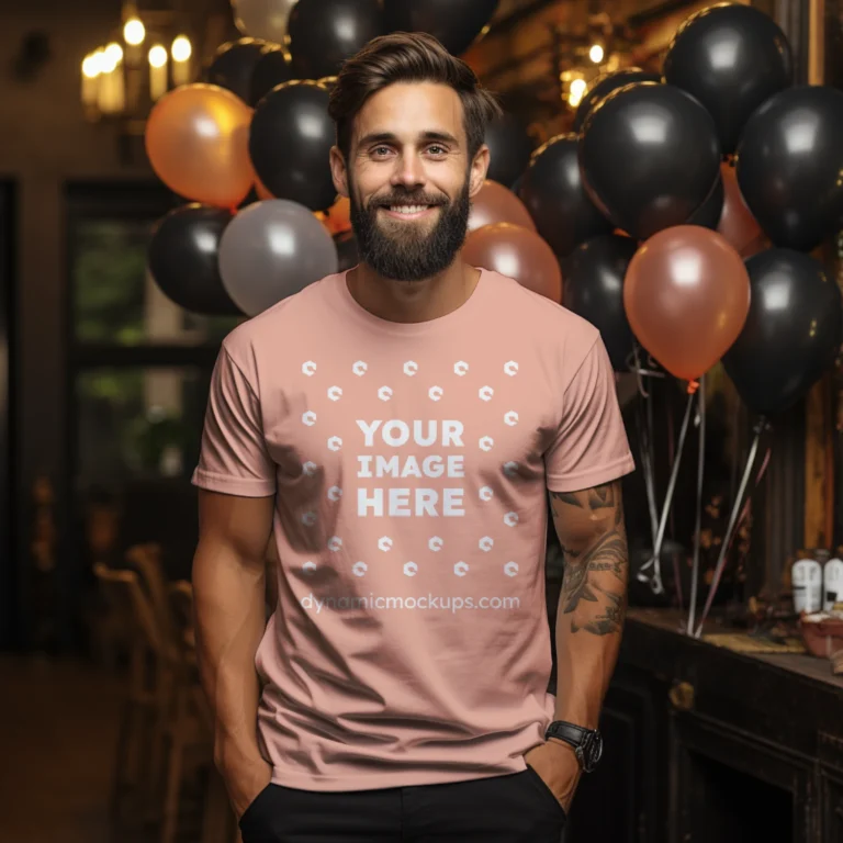 Man Wearing Peach T-shirt Mockup Front View Template