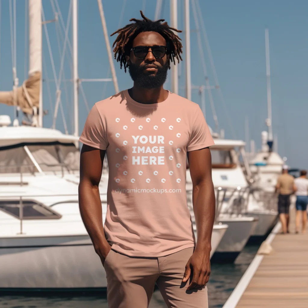 Man Wearing Peach T-shirt Mockup Front View Template