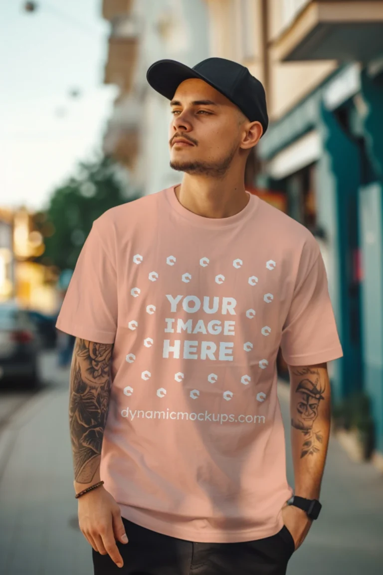 Man Wearing Peach T-shirt Mockup Front View Template