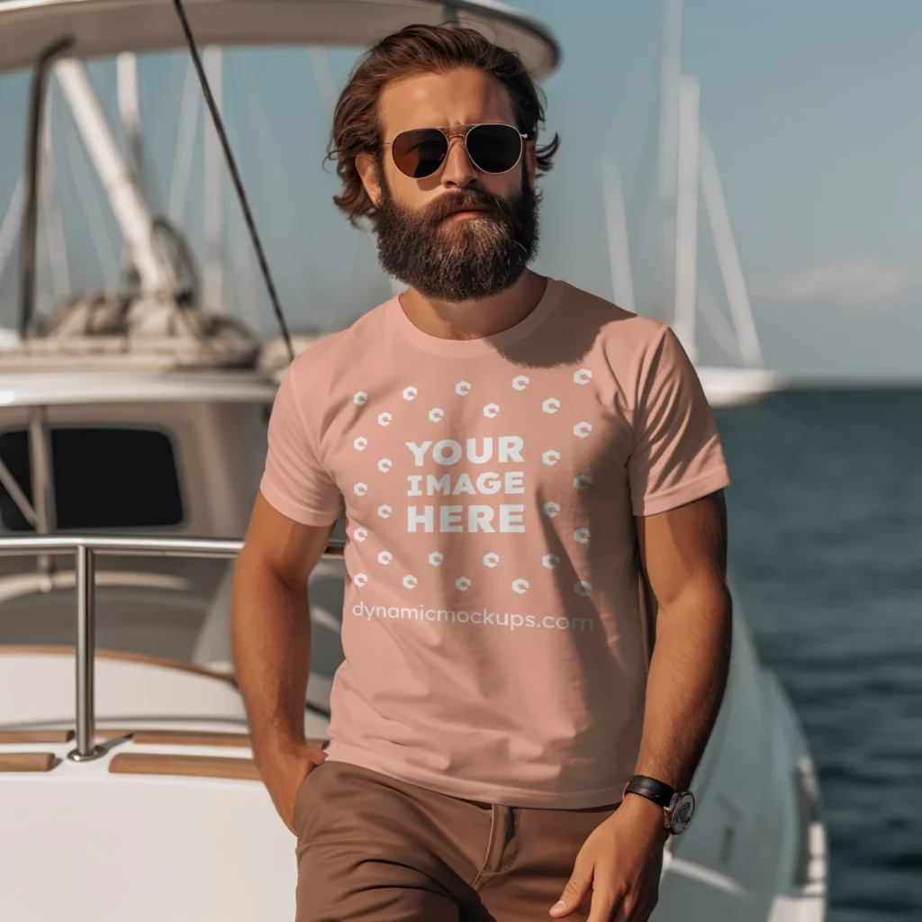 Man Wearing Peach T-shirt Mockup Front View Template