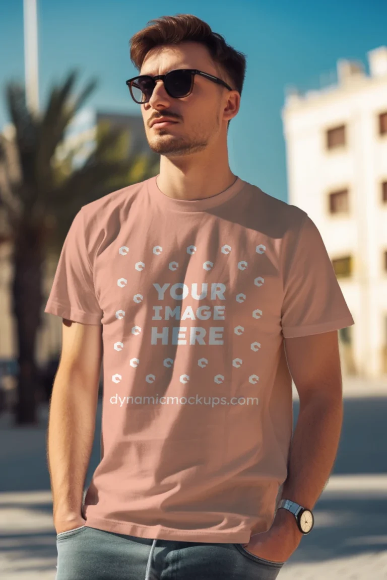 Man Wearing Peach T-shirt Mockup Front View Template