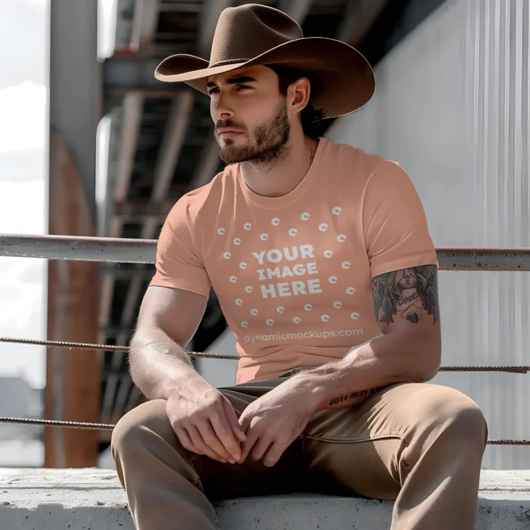 Man Wearing Peach T-shirt Mockup Front View Template