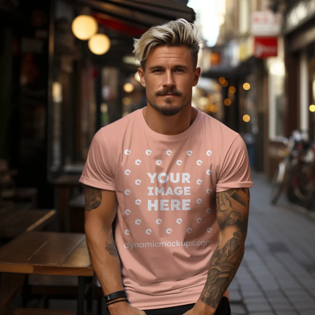 Man Wearing Peach T-shirt Mockup Front View Template