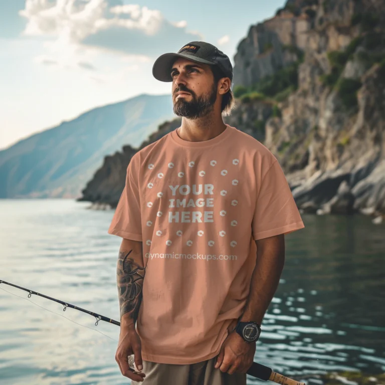 Man Wearing Peach T-shirt Mockup Front View Template