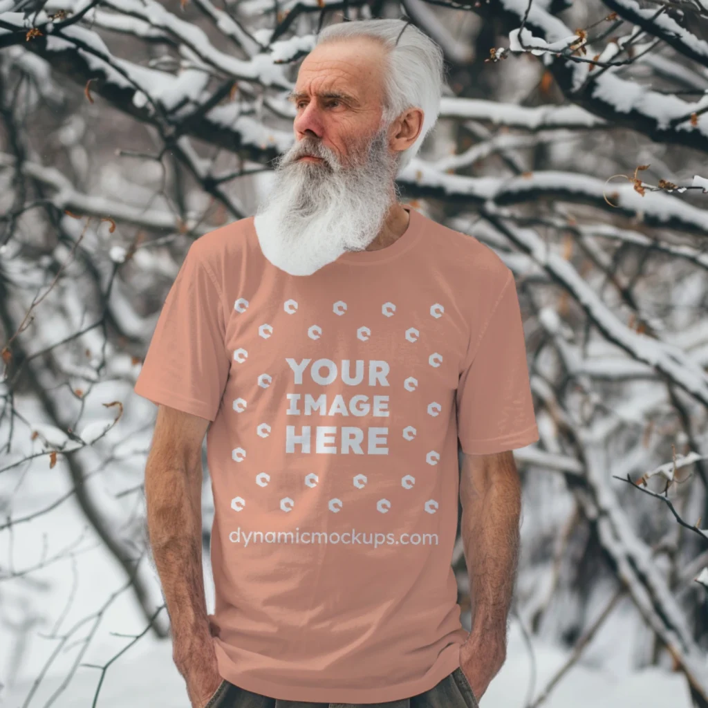 Man Wearing Peach T-shirt Mockup Front View Template