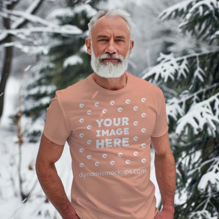 Man Wearing Peach T-shirt Mockup Front View Template