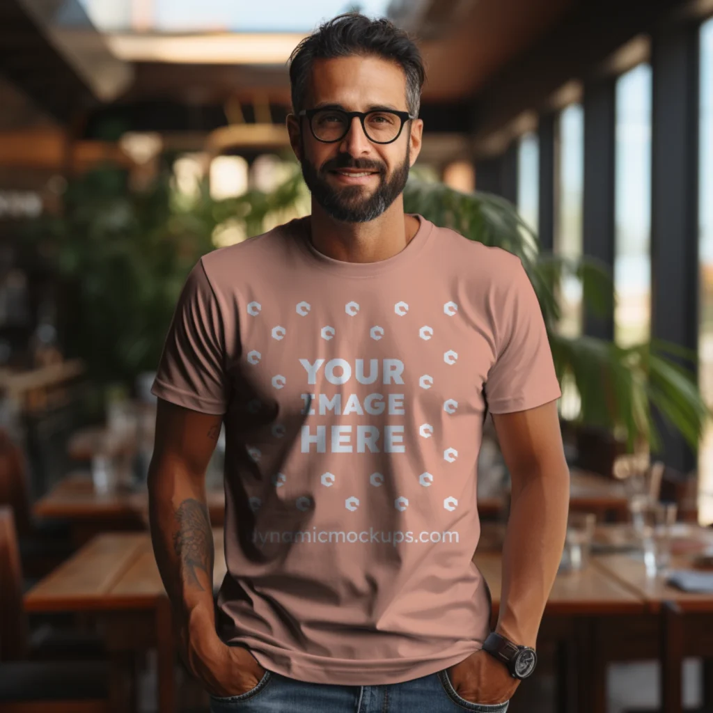 Man Wearing Peach T-shirt Mockup Front View Template