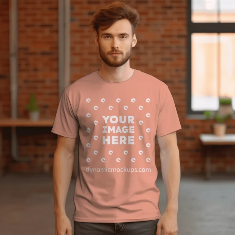 Man Wearing Peach T-shirt Mockup Front View Template