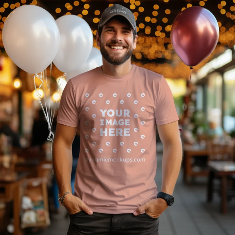 Man Wearing Peach T-shirt Mockup Front View Template