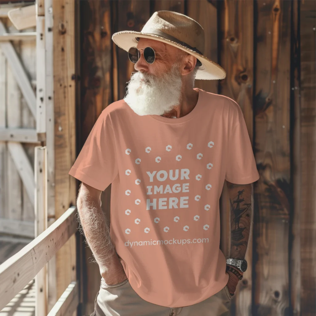 Man Wearing Peach T-shirt Mockup Front View Template