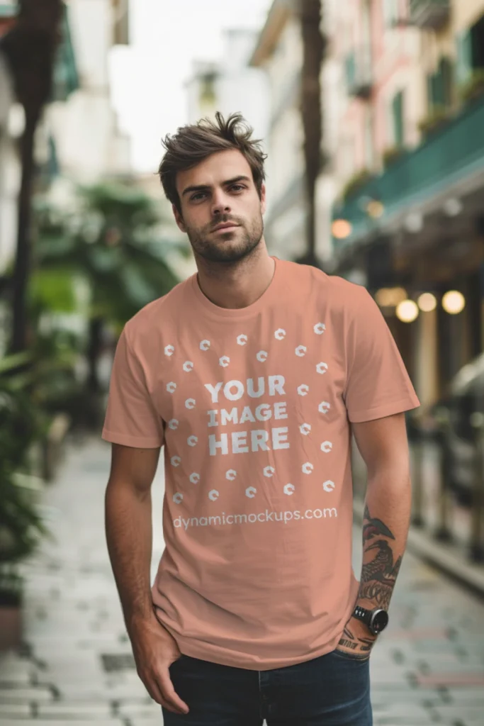 Man Wearing Peach T-shirt Mockup Front View Template