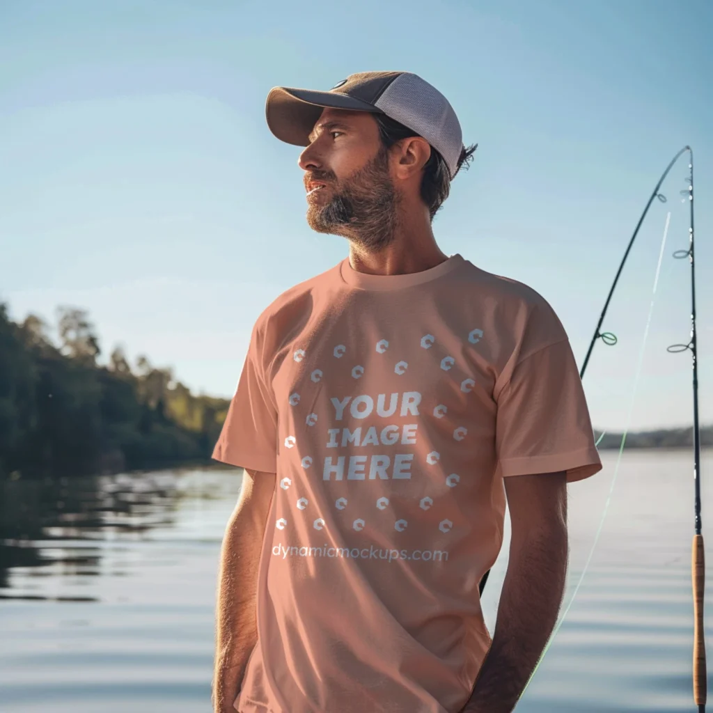 Man Wearing Peach T-shirt Mockup Front View Template