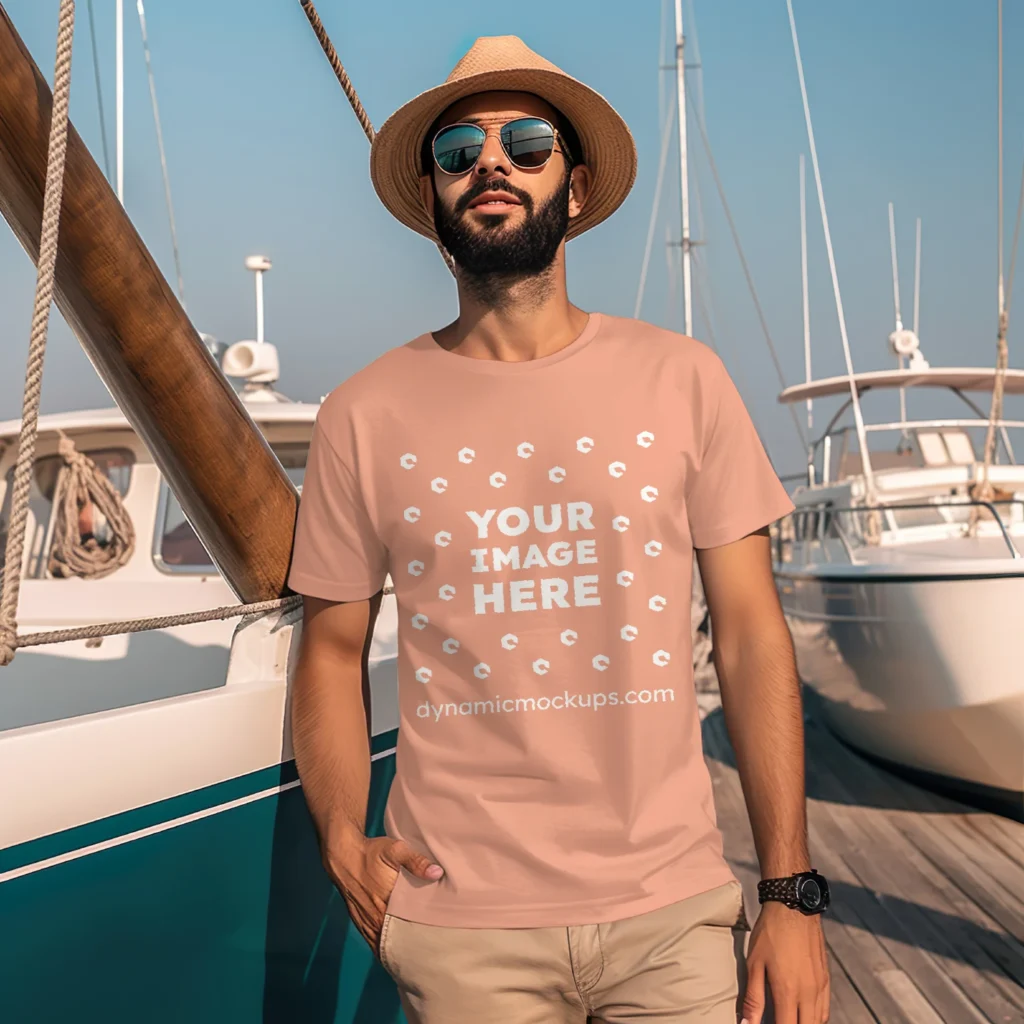 Man Wearing Peach T-shirt Mockup Front View Template