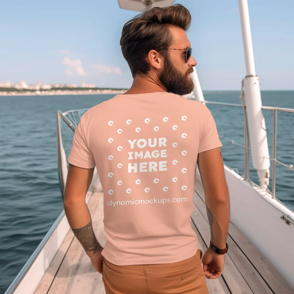 Man Wearing Peach T-shirt Mockup Back View Template