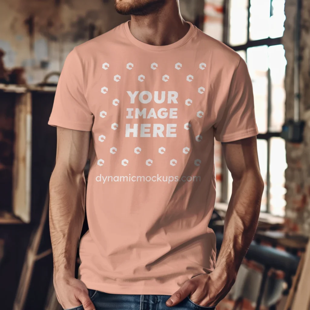 Man Wearing Peach T-shirt Mockup Front View Template