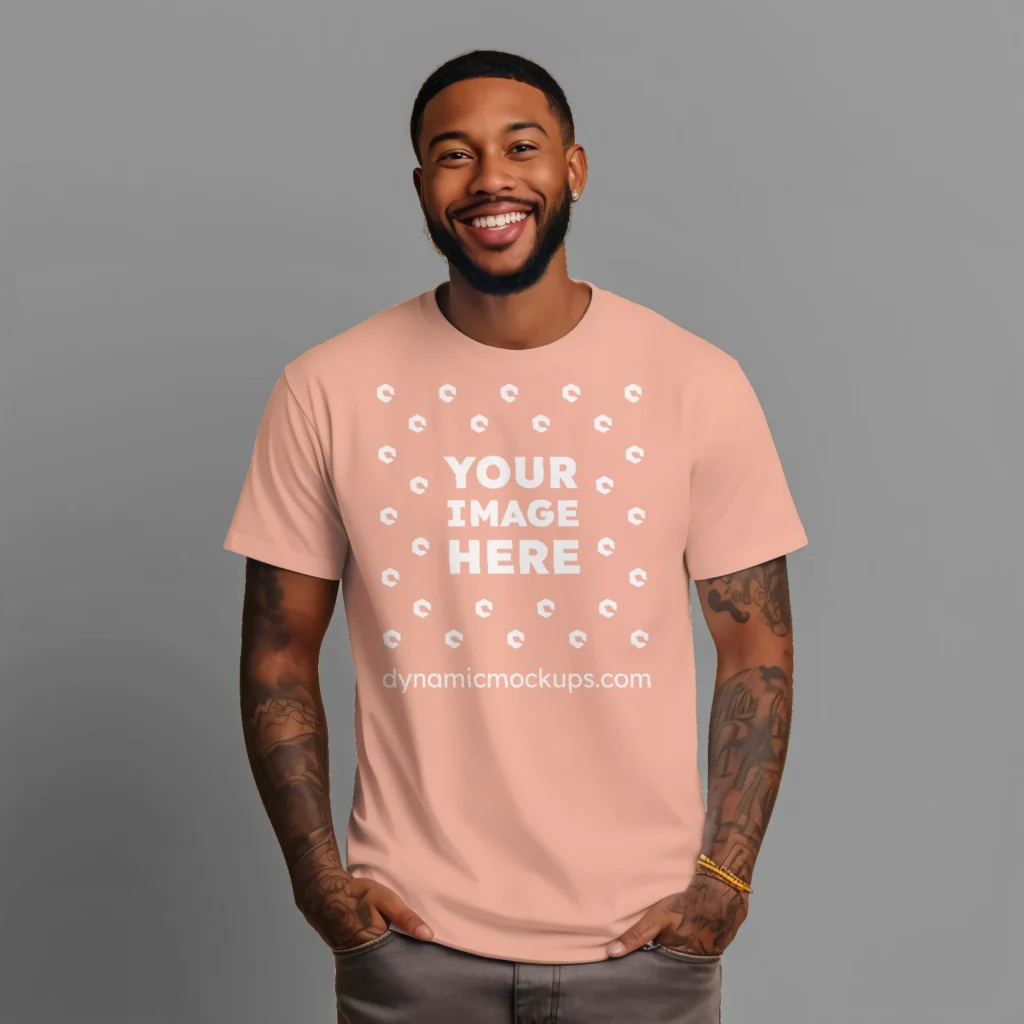 Man Wearing Peach T-shirt Mockup Front View Template