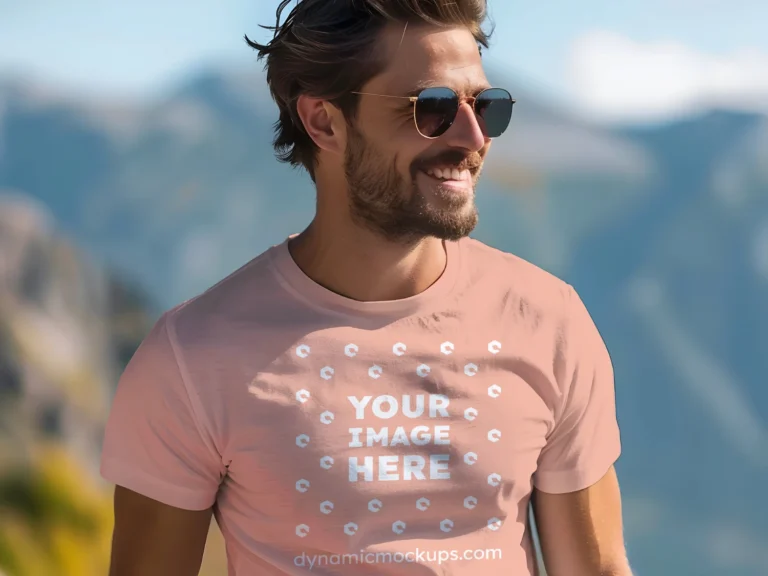 Man Wearing Peach T-shirt Mockup Front View Template