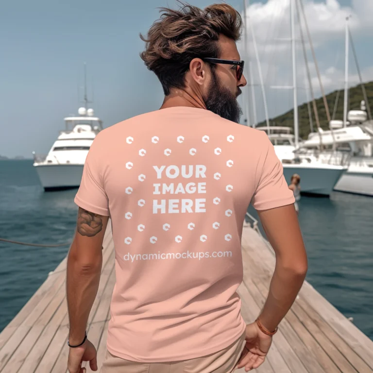 Man Wearing Peach T-shirt Mockup Back View Template