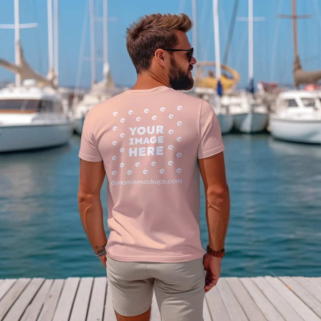 Man Wearing Peach T-shirt Mockup Back View Template