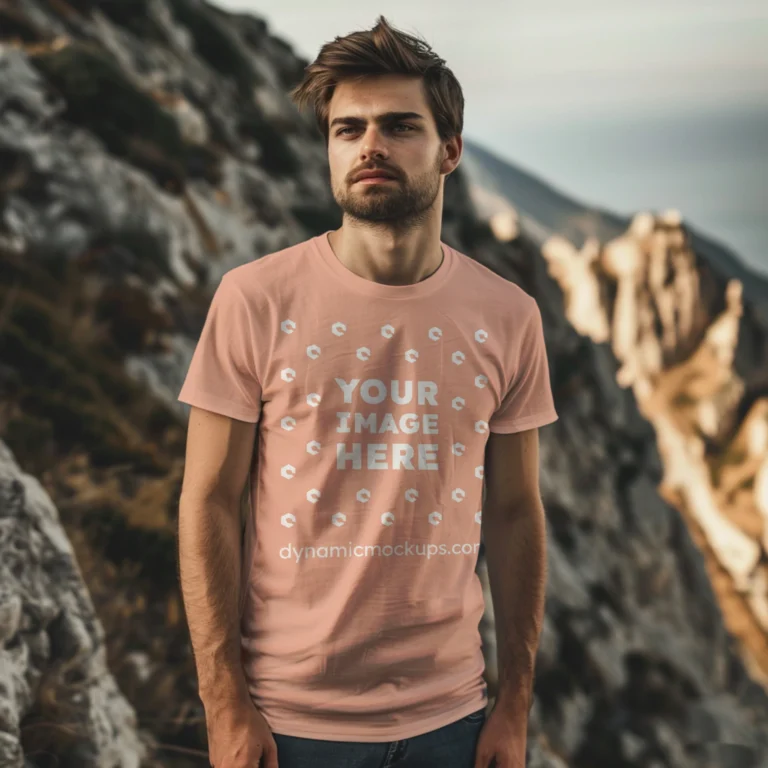 Man Wearing Peach T-shirt Mockup Front View Template