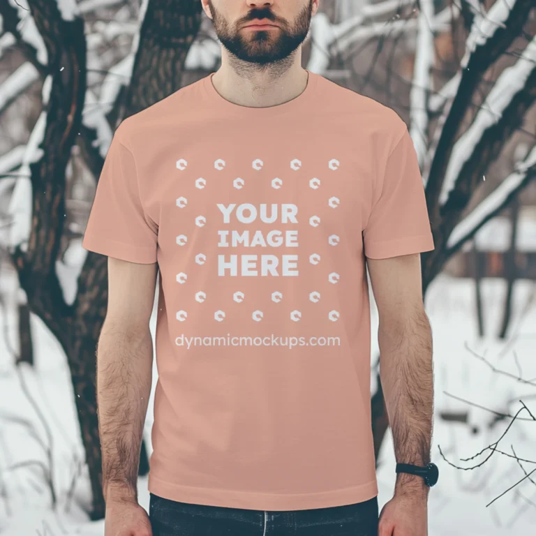 Man Wearing Peach T-shirt Mockup Front View Template