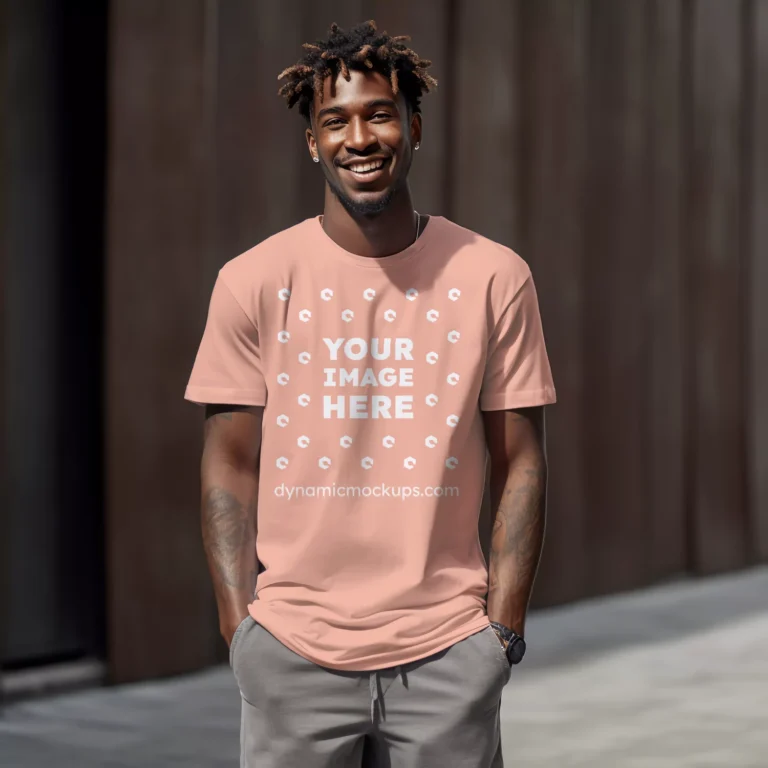 Man Wearing Peach T-shirt Mockup Front View Template