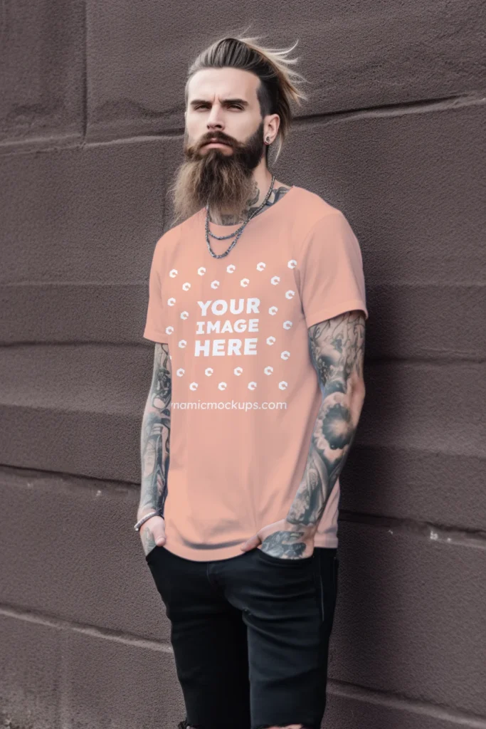 Man Wearing Peach T-shirt Mockup Front View Template