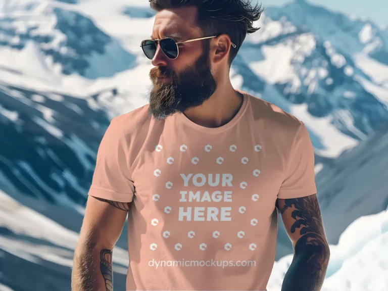 Man Wearing Peach T-shirt Mockup Front View Template