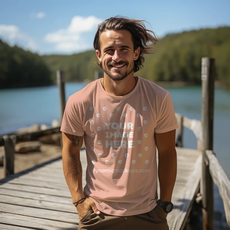 Man Wearing Peach T-shirt Mockup Front View Template