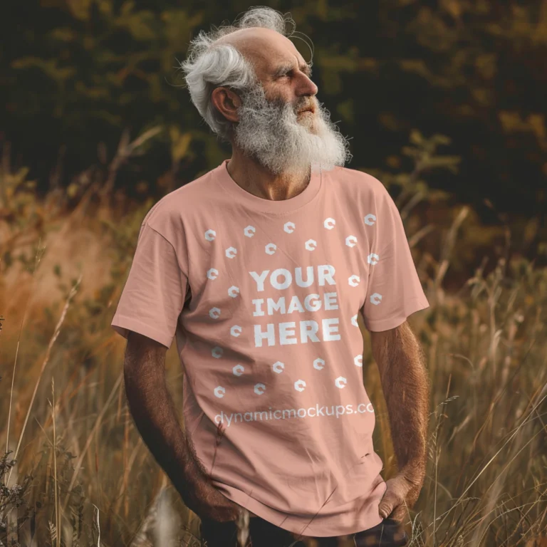 Man Wearing Peach T-shirt Mockup Front View Template