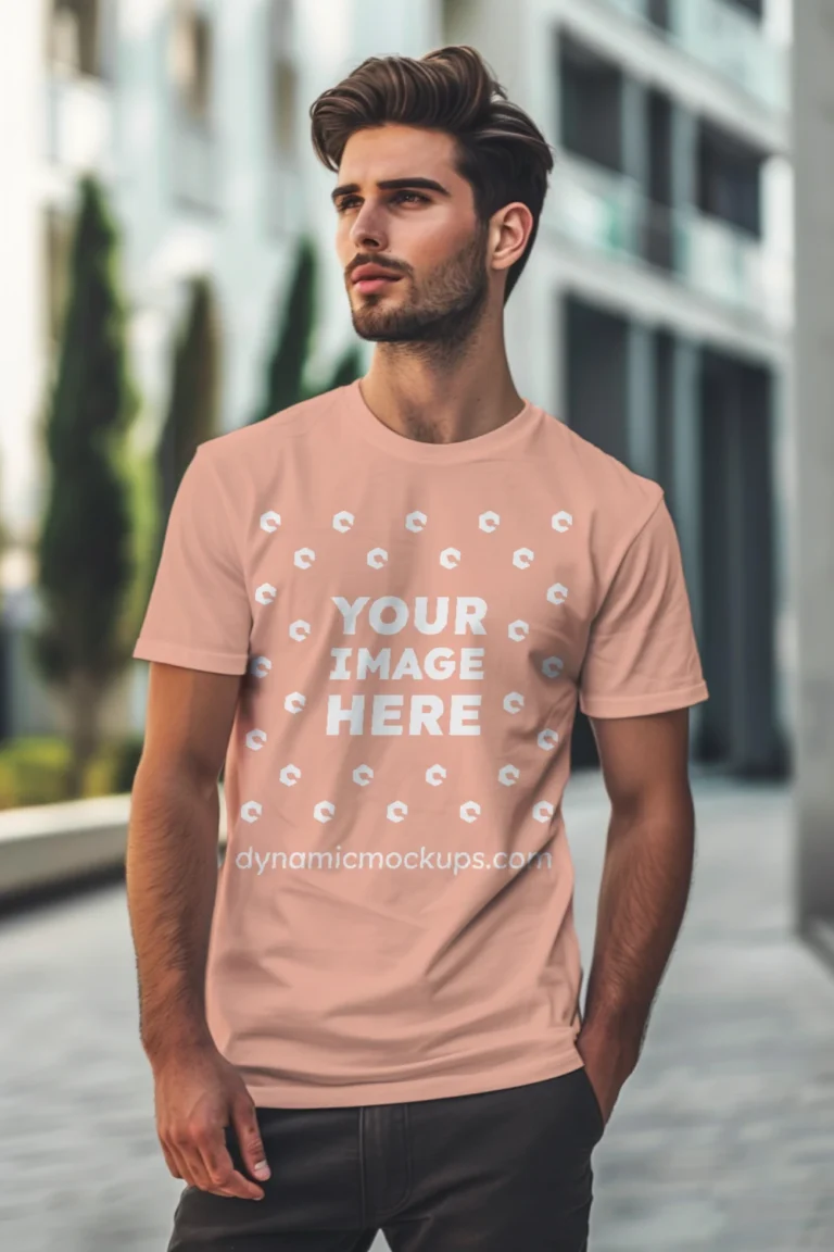 Man Wearing Peach T-shirt Mockup Front View Template